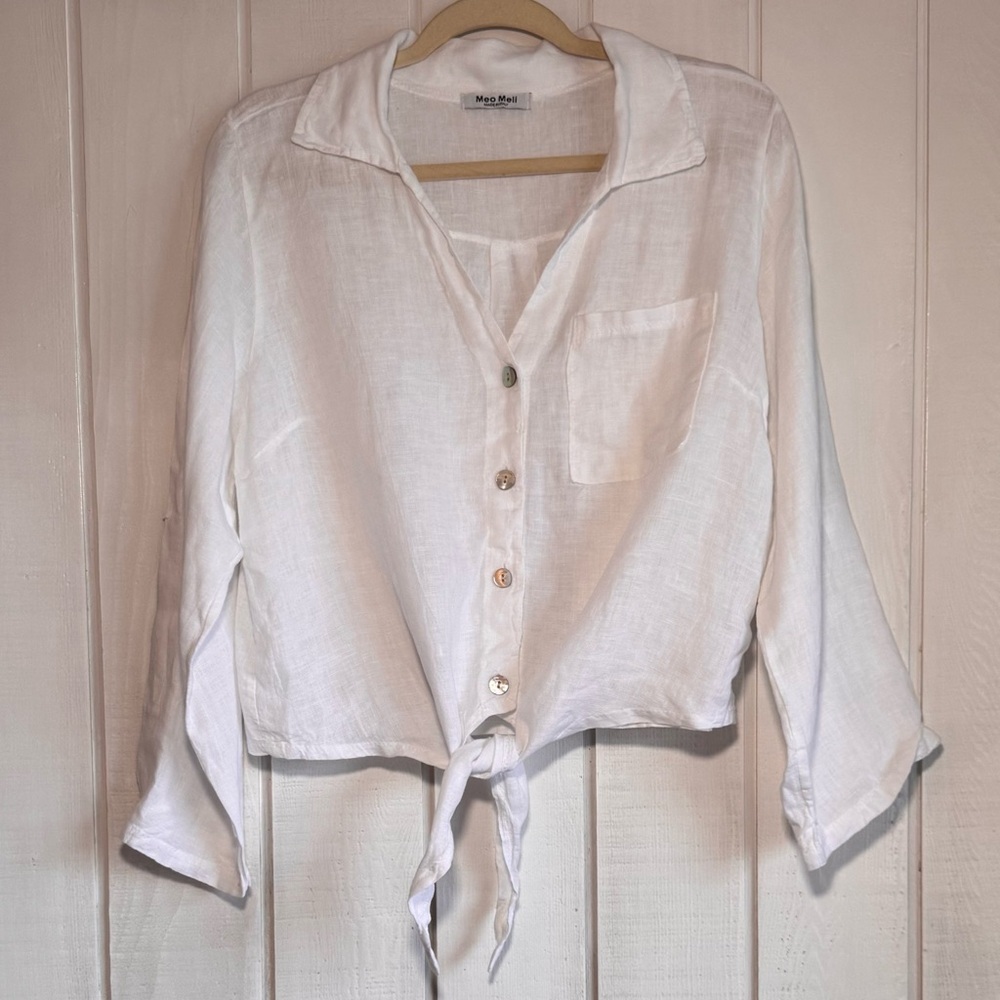 Meo Meli White Linen Button Down Blouse